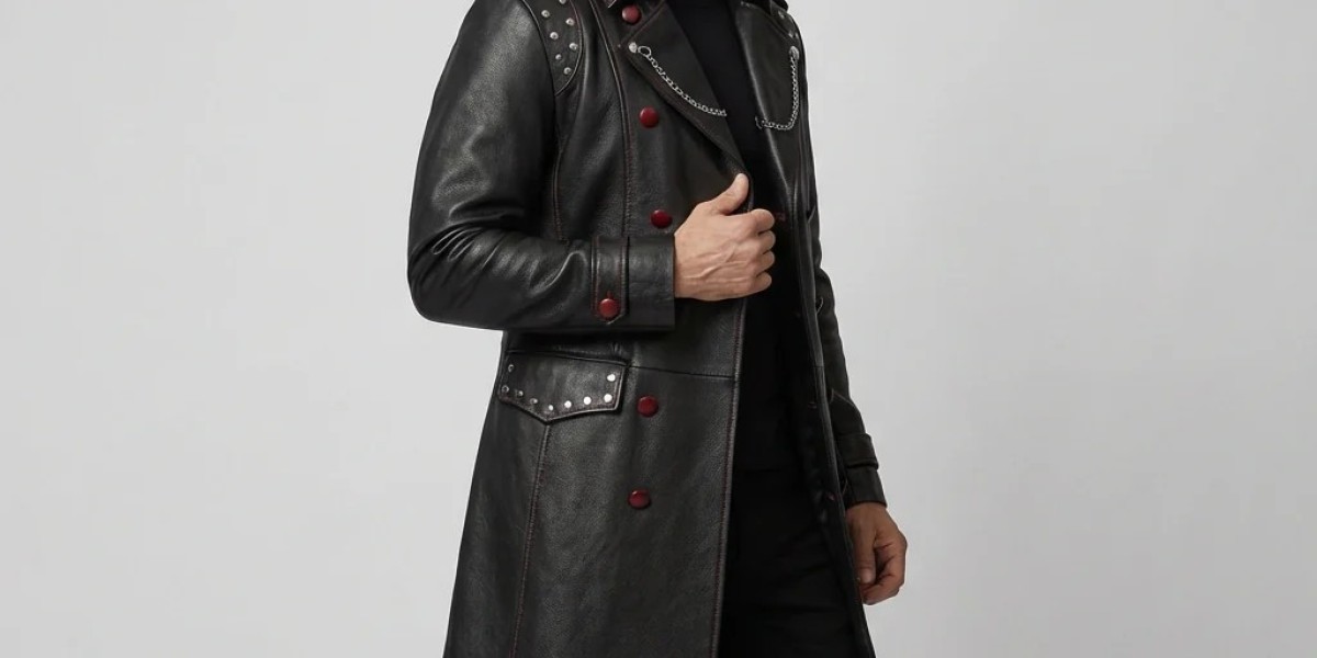 Long Black Trench Coat for Men with Studded Leather Long Coat Details